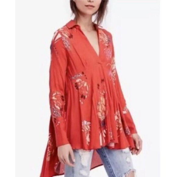 Free People Boho Blouse Tunic Top Small Floral Tomato Combo Hi-Low Long Sleeve - Picture 2 of 8